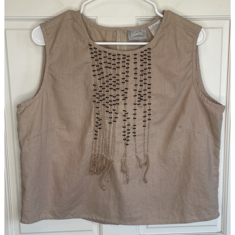 Vintage Women's Beaded Cropped top Sz L Linen Embroidered Lagenlook Cowgirl